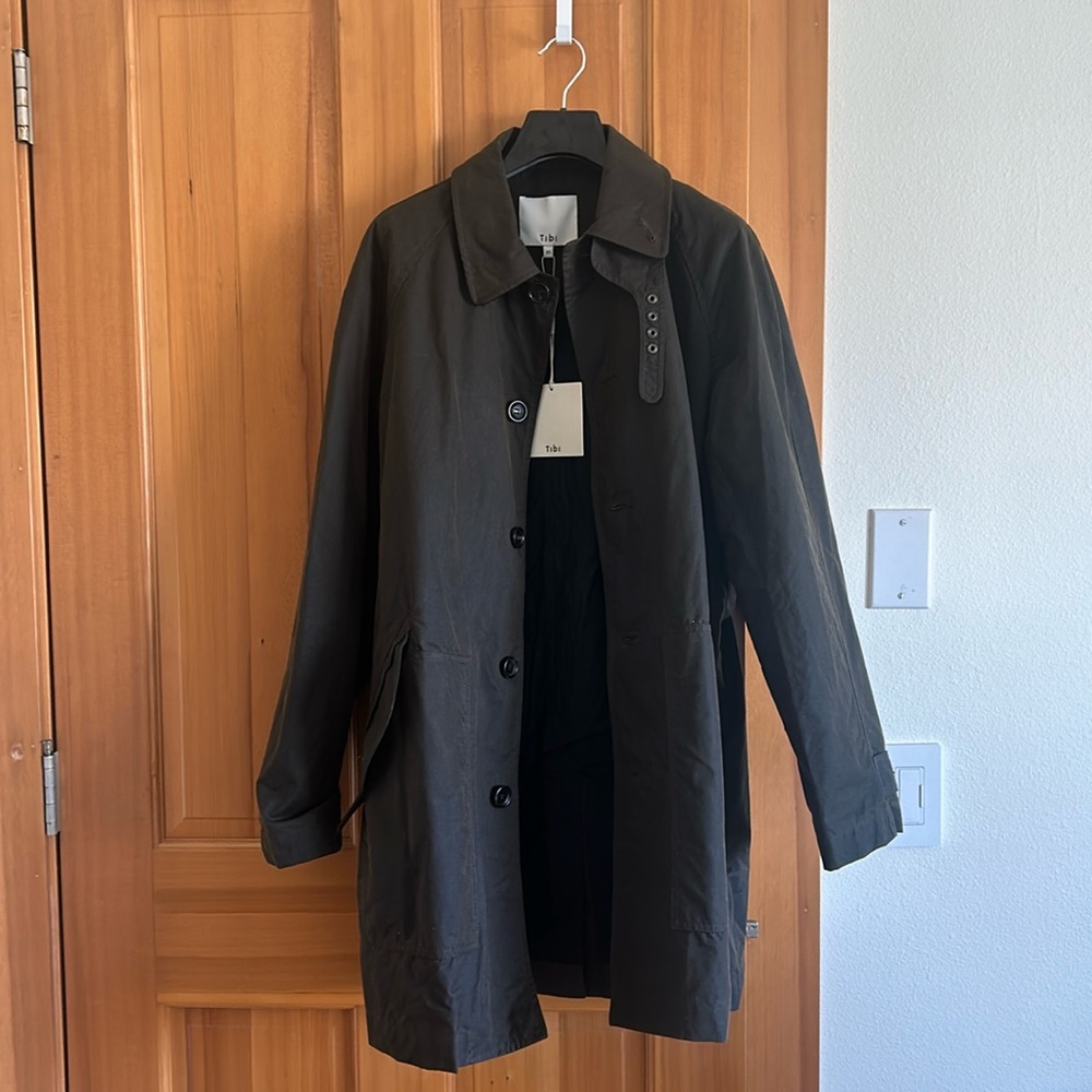 Tibi waxed cotton car coat NWT size xs in dark green / brown